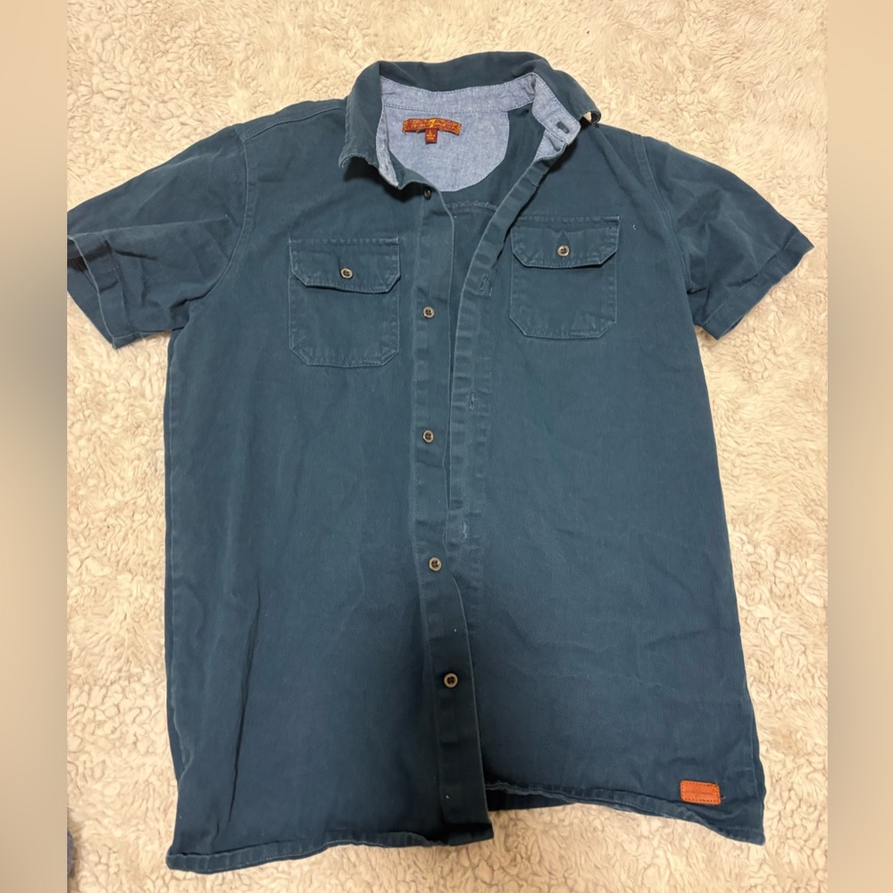 7 for mankind Teal Short Sleeve Button-Up Shirt 12 l boys